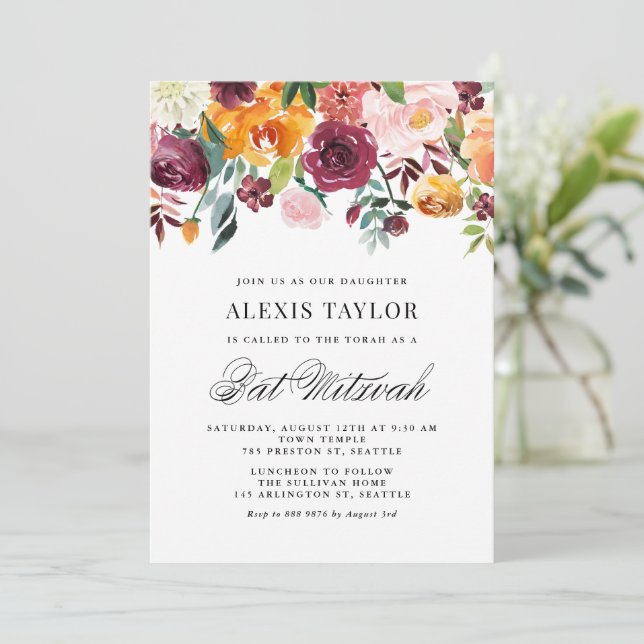 Watercolor Autumn Blooms Fall Bat Mitzvah Invitation (Standing Front)