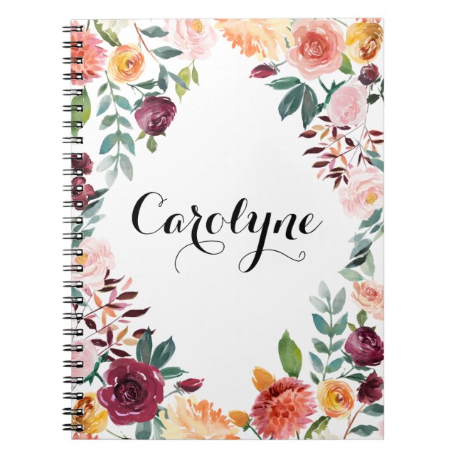 Watercolor Autumn Blooms Floral Frame Notebook (Front)