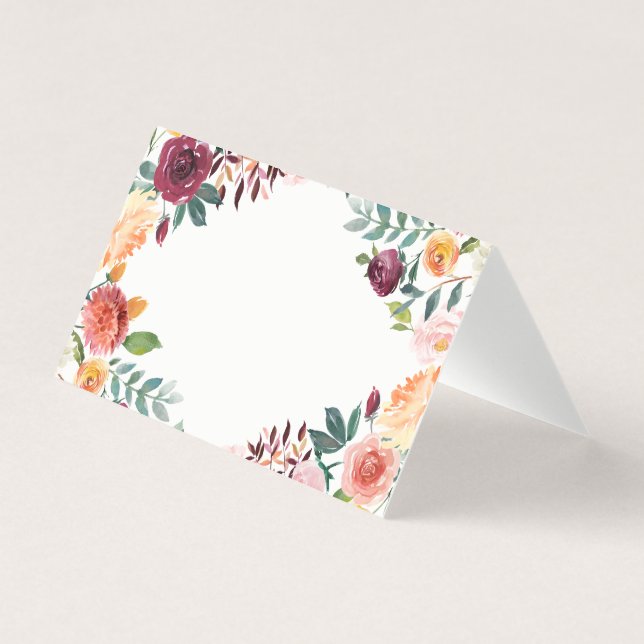 Watercolor Autumn Blooms Floral Frame Place Card (Front)