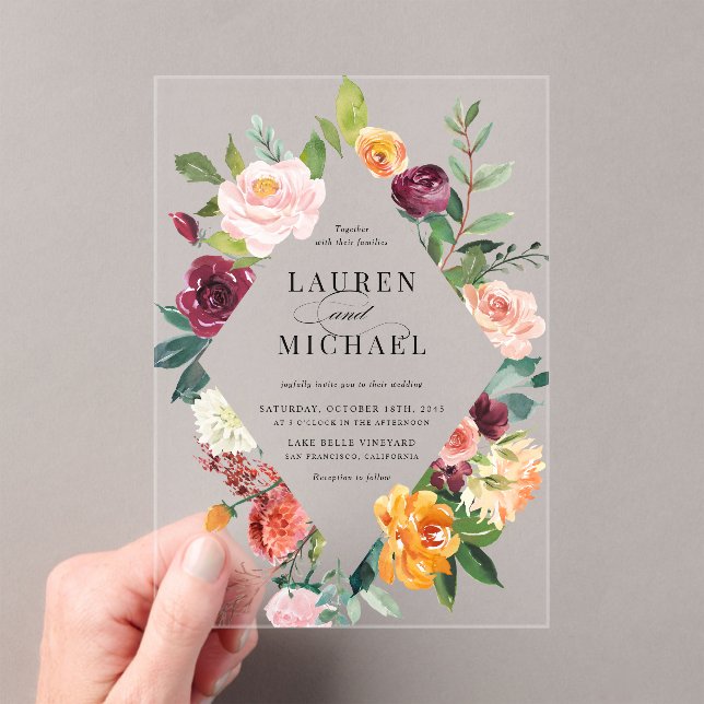 Watercolor Autumn Blooms Floral Frame Wedding Acrylic Invitations (Insitu (Handheld))
