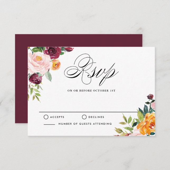 Watercolor Autumn Blooms Floral RSVP Wedding (Front/Back)