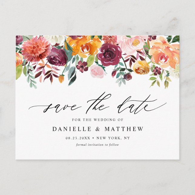 Watercolor Autumn Blooms Floral Save the Date Postcard (Front)
