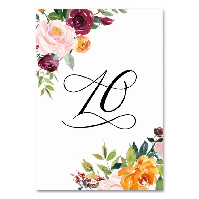 Watercolor Autumn Blooms Floral Table Number 10 (Front)