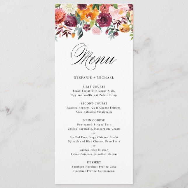 Watercolor Autumn Blooms Floral Wedding Menu Card (Front)