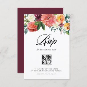 Watercolor Autumn Blooms Floral Wedding QR Code RSVP Card