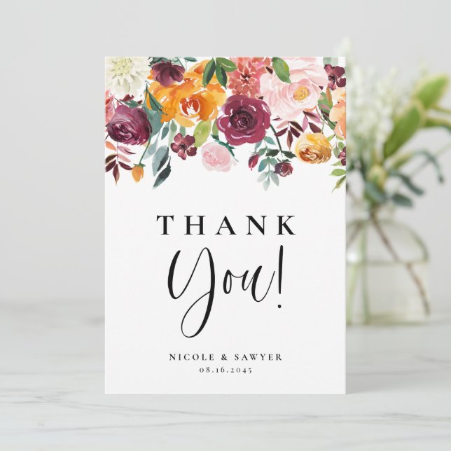 Watercolor Autumn Blooms Floral Wedding Thank You Card (Standing Front)