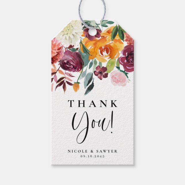 Watercolor Autumn Blooms Floral Wedding Thank You Gift Tags (Front)