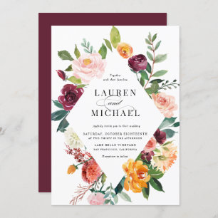 Watercolor Autumn Blooms Frame QR Code Wedding Invitation