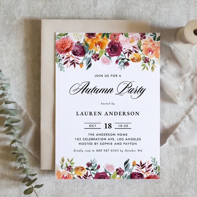 Watercolor Autumn Blooms Garland Autumn Party  Invitation (Creator Uploaded)