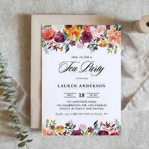 Watercolor Autumn Blooms Garland Bridal Tea Party Invitation