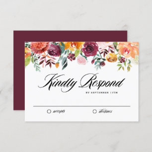 Watercolor Autumn Blooms Garland Fall Wedding RSVP Card