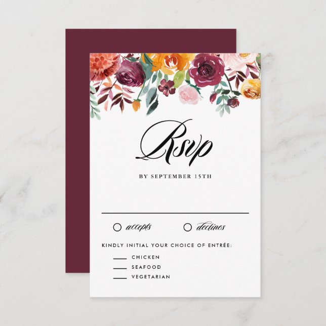 Watercolor Autumn Blooms Garland Fall Wedding RSVP Card (Front/Back)