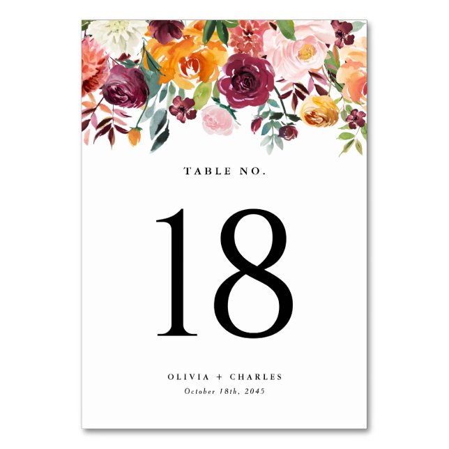 Watercolor Autumn Blooms Garland Fall Wedding Table Number (Back)