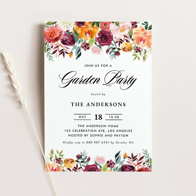 Watercolor Autumn Blooms Garland Garden Party Invitation (Creator Uploaded)