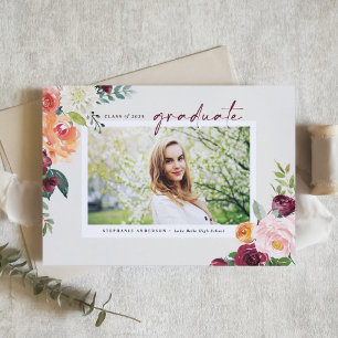 Watercolor Autumn Blooms Photo Graduation Invite