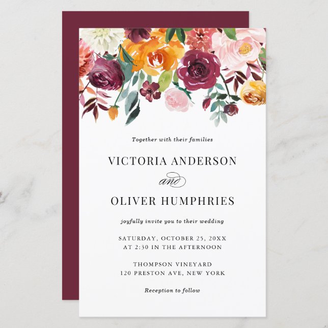 Watercolor Autumn Blooms Wedding Invitation (Front/Back)