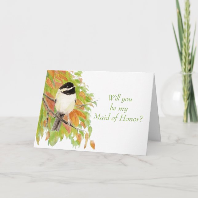 Watercolor Autumn Chickadee Maid of Honour Invite (Front)