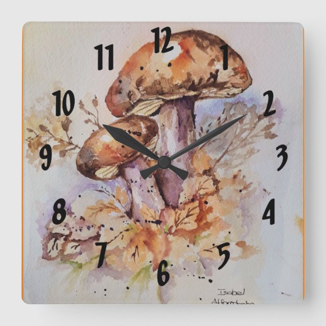 Watercolor autumn colours mushrooms square wall clock (Front)