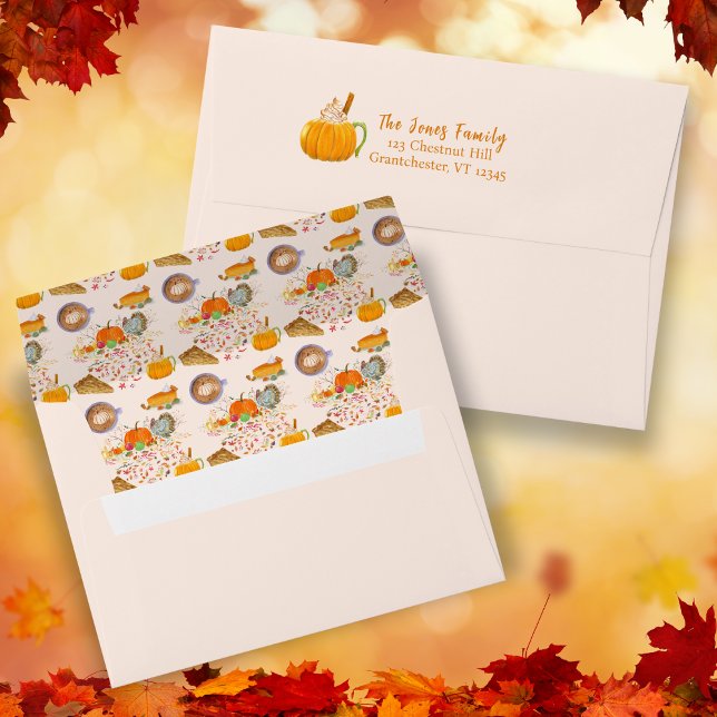 Watercolor Autumn Delights Pumpkin Spice, Pie Envelope (Elevate Autumn Mail: Captivating Watercolor Envelope with Seasonal Delights and Artistry.)