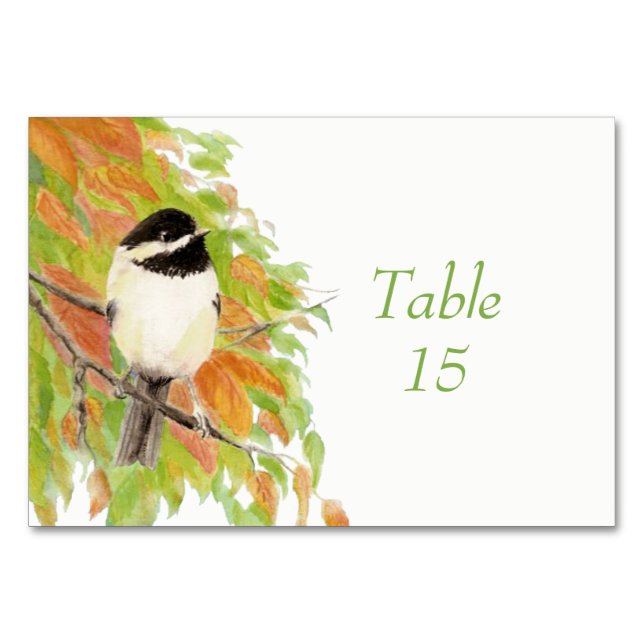 Watercolor Autumn Fall Chickadee Bird Wedding Table Number (Front)