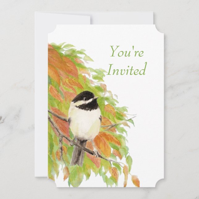 Watercolor Autumn Fall Chickadee Wedding Invite (Front)