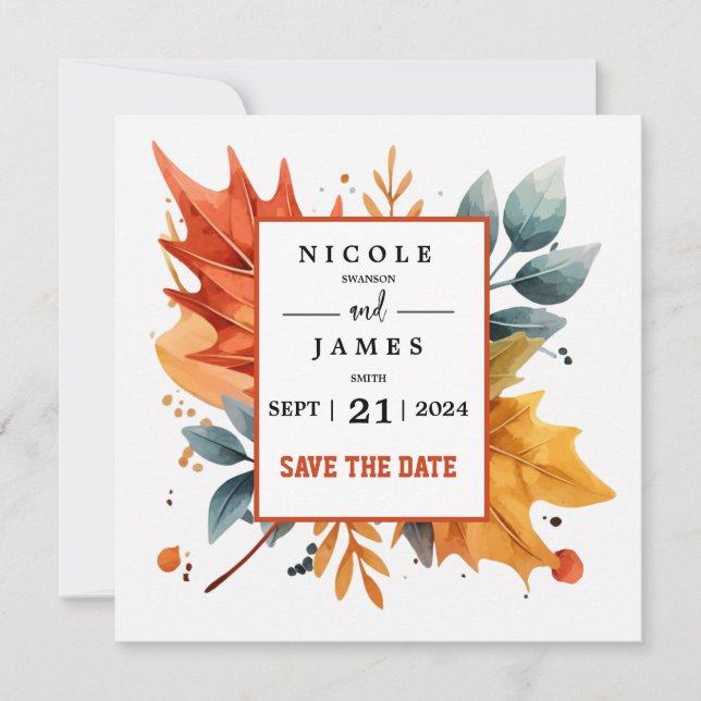 Watercolor Autumn Fall Colour Leaves Save The Date (Front)