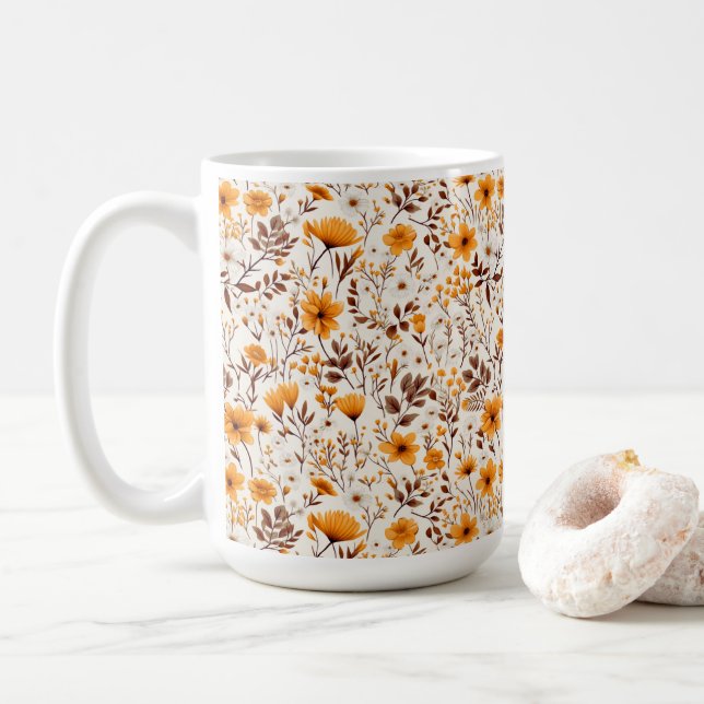Watercolor Autumn Fall Flowers And Leaves Coffee Mug (With Donut)
