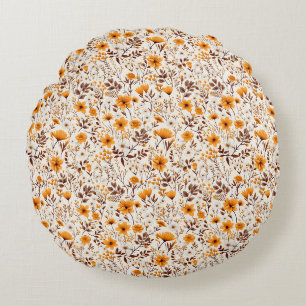Watercolor Autumn Fall Flowers And Leaves Round Cushion