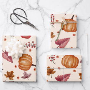 Watercolor Autumn fall leaf, pumpkin, pear, apple Wrapping Paper Sheet