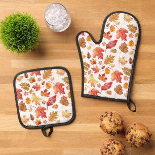 Watercolor Autumn Fall Leaves Seamless Pattern Oven Mitt & Pot Holder Set