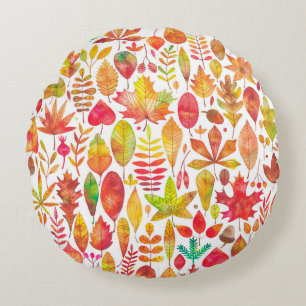 Watercolor autumn fall leaves seamless pattern round cushion