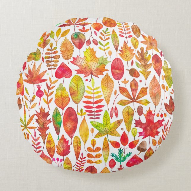 Watercolor autumn fall leaves seamless pattern round cushion (Front)