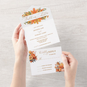 Watercolor Autumn Floral   Fall in Love Wedding All In One Invitation