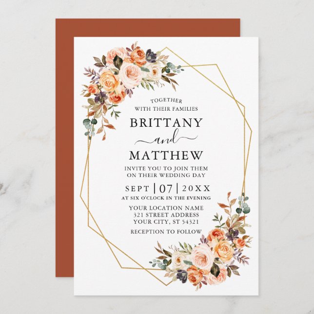 Watercolor Autumn Floral Geo Wedding Terracotta Invitation (Front/Back)