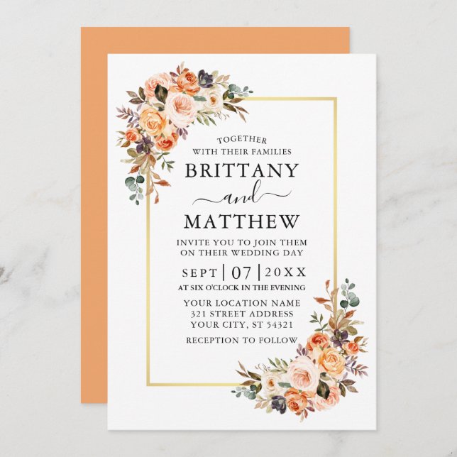 Watercolor Autumn Floral Gold Frame Wedding Peach Invitation (Front/Back)
