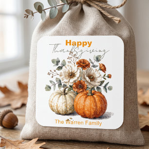 Watercolor Autumn Floral Pumpkin Thanksgiving Square Sticker