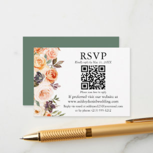 Watercolor Autumn Floral QR RSVP Sage Green Enclosure Card