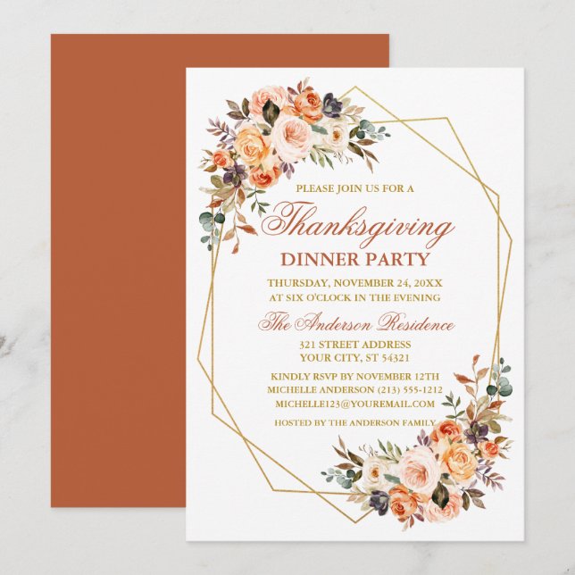 Watercolor Autumn Floral Thanksgiving Party Invitation (Front/Back)