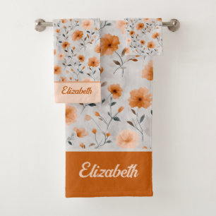 Watercolor Autumn Flowers Custom Name Minimalist Bath Towel Set