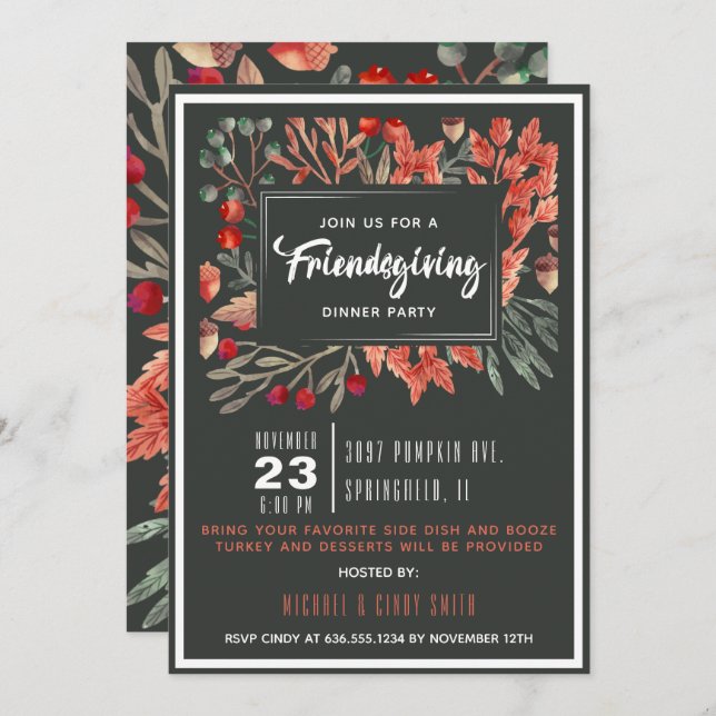 Watercolor Autumn Foliage Friendsgiving Invitation (Front/Back)