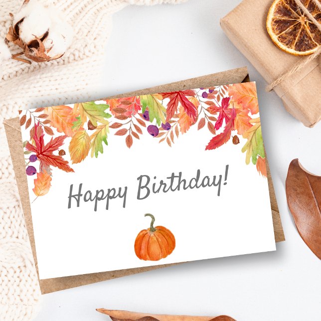 Watercolor Autumn Foliage With Pumpkin Birthday Card (Embrace Autumn's Warmth: Celebrate a Birthday with Artistic Flair!)