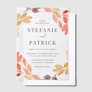 Watercolor Autumn Foliage Wreath Fall Wedding Vellum Invitations