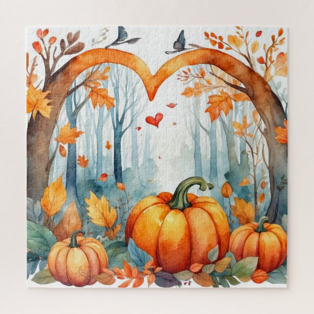 Watercolor Autumn Forest Pumpkin in Heart  Jigsaw Puzzle (Vertical)