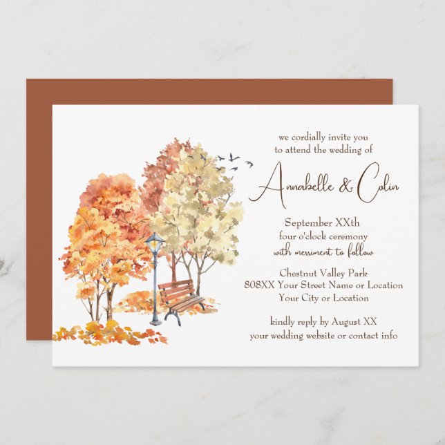 Watercolor Autumn in the Park Wedding Invitation (Front/Back)