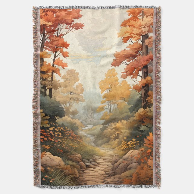 Watercolor Autumn Landscape Throw Blanket (Front Vertical)