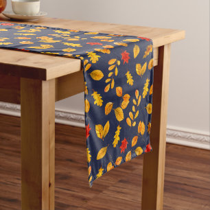 Watercolor Autumn Leaf Fall Navy Long Table Runner