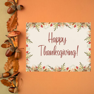 Watercolor Autumn Leaves and Berries Thanksgiving Postcard