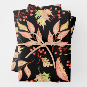 Watercolor Autumn Leaves and Red Wild Berries Wrapping Paper Sheet