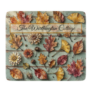 Watercolor Autumn Leaves and Wood Rustic Fall Art Cutting Board