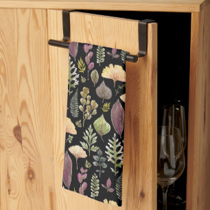 Watercolor Autumn Leaves Black Kitchen Towel